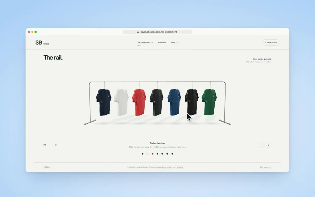 Seven sample garments hang from a stationary rail in the collection view.