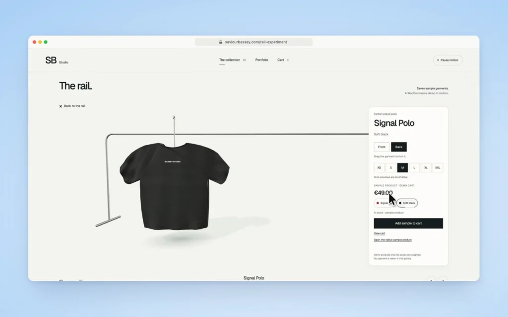 The Signal Polo is displayed in soft black, with size, price, stock and sample cart controls visible.