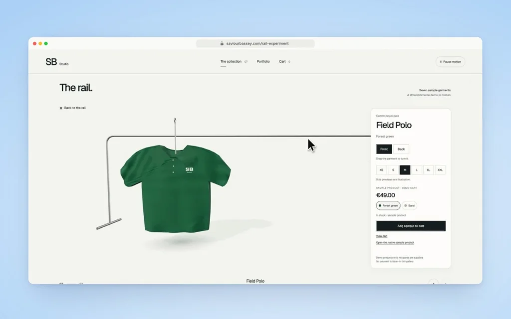 A forest-green Field Polo is selected, showing its own name and colour options.